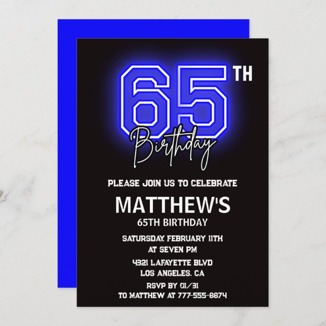 Black 65th birthday invitations Modern Sport Neon (Front/Back)