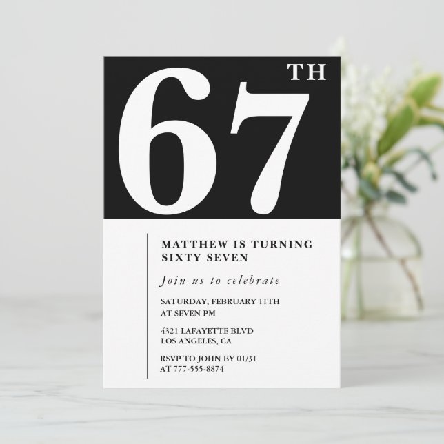 Black 67th birthday invitation Elegant Chic Simple (Standing Front)