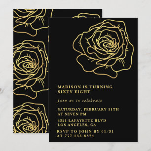 Black 68th birthday invitations Gold Floral