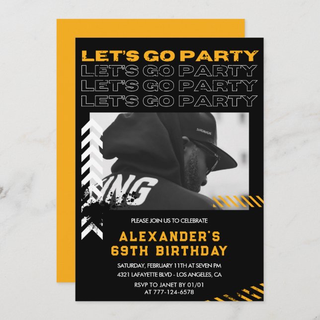 Black 69th birthday invitations Men Photo Spray (Front/Back)