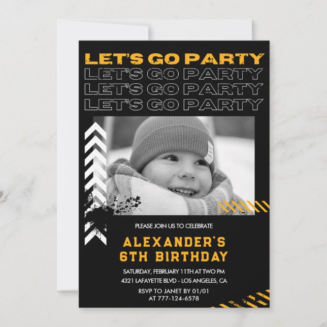Black 6th birthday invitations Boy Photo Spray (Front)