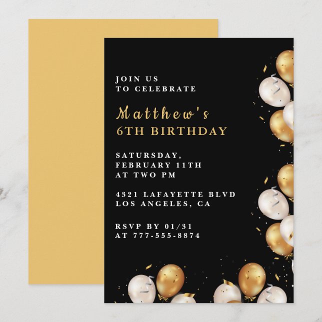 Black 6th birthday invitations Gold Balloon Boy (Front/Back)