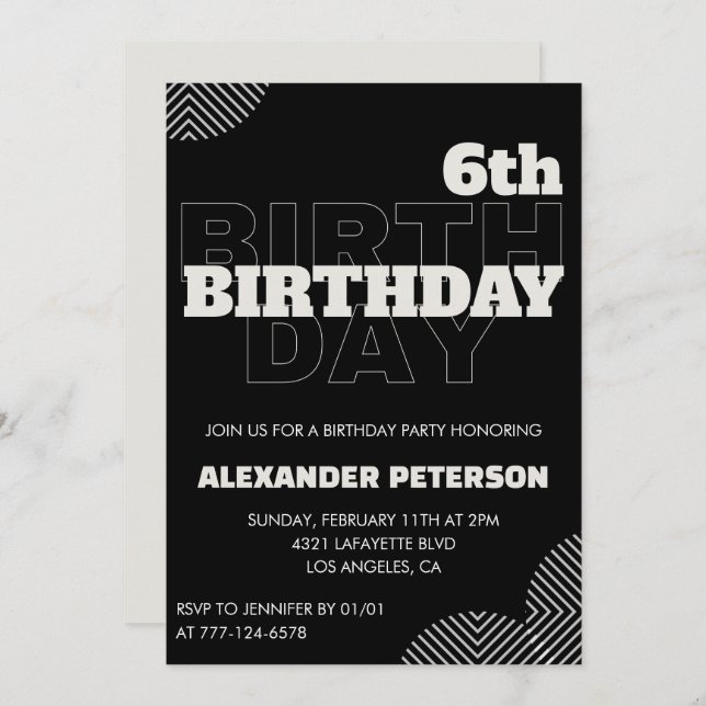 Black 6th birthday invitations Party Boy (Front/Back)