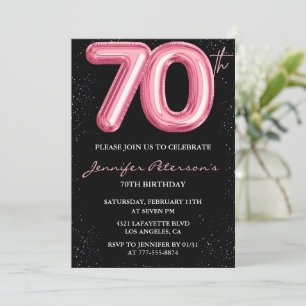 Black 70th birthday invitations Balloon Glam Pink