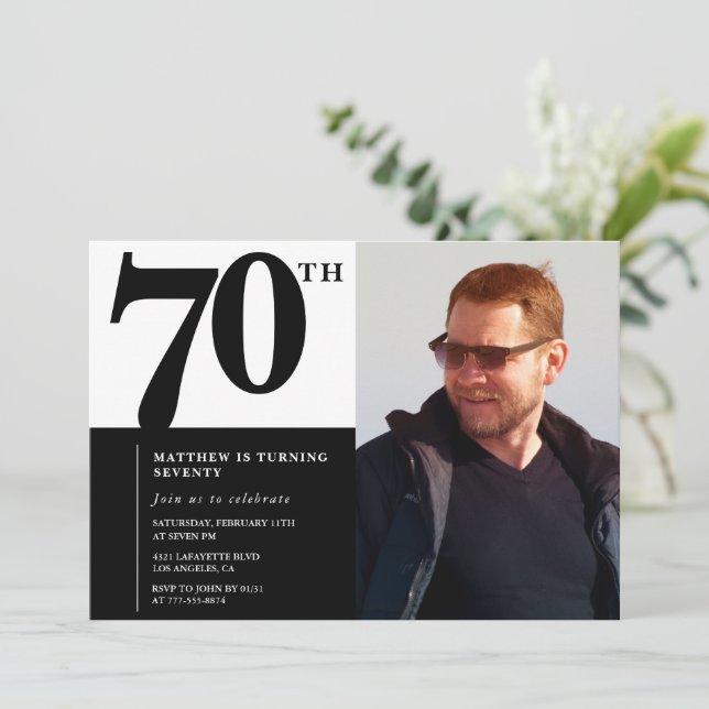 Black 70th birthday invitations Elegant Chic (Standing Front)