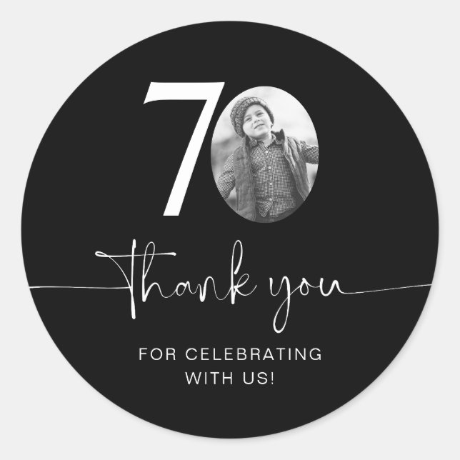 Black 70th Birthday Thank You Classic Round Sticker (Front)