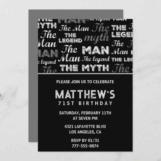 Black 71st birthday invitation for him Myth Legend (Front/Back)