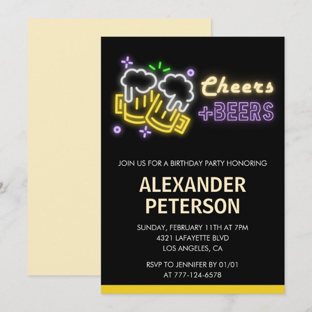 Black 75th birthday invitation Beer Men Neon (Front/Back)