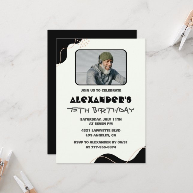 Black 75th birthday invitations Men Simple Photo (Front/Back In Situ)
