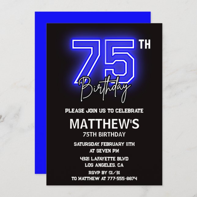 Black 75th birthday invitations Modern Sport Neon (Front/Back)