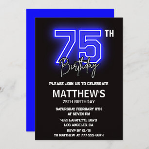 Black 75th birthday invitations Modern Sport Neon