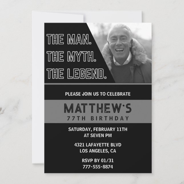 Black 77th birthday invitations The Man The Legend (Front)