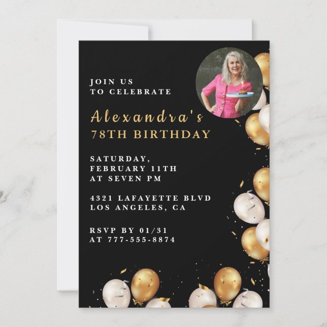 Black 78th birthday invitation Gold Balloon Photo  (Front)