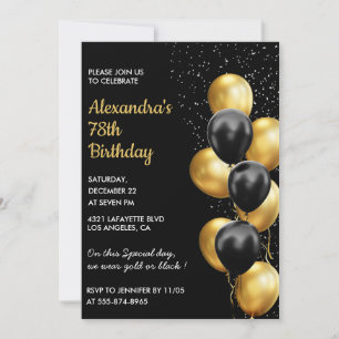 Black 78th birthday invitations Gold Glitter Glam