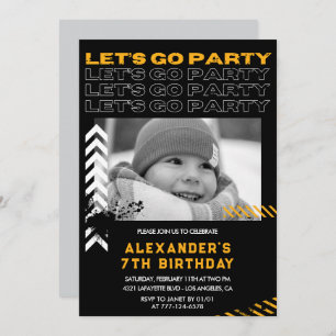Black 7th birthday invitations Boy Photo Spray