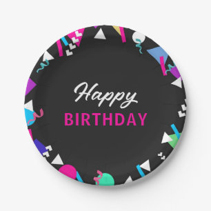 Black 80s Pattern Birthday Paper Plate