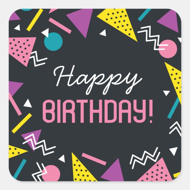 Black 80s Pattern Birthday Square Sticker (Front)