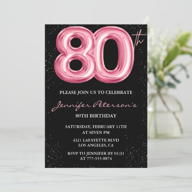 Black 80th birthday invitations Balloon Glam Pink (Standing Front)