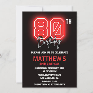 Black 80th birthday invitations Men Neon