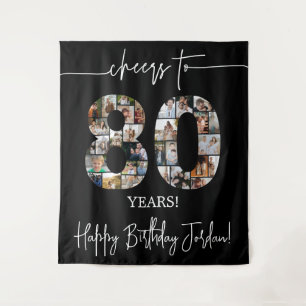 Black 80th Birthday Photo Collage Banner Tapestry