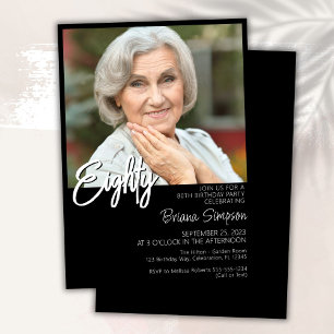 Black 80th Birthday Photo Invitation