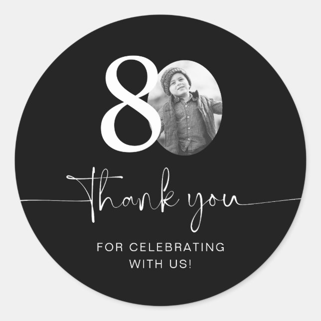 Black 80th Birthday Thank You Classic Round Sticker (Front)