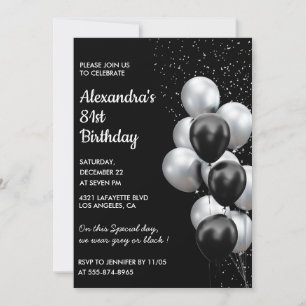 Black 81st birthday invitations Balloons Silver