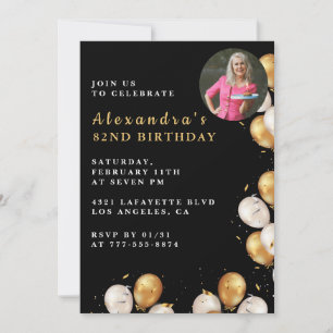 Black 82nd birthday invitation Gold Balloon Photo 