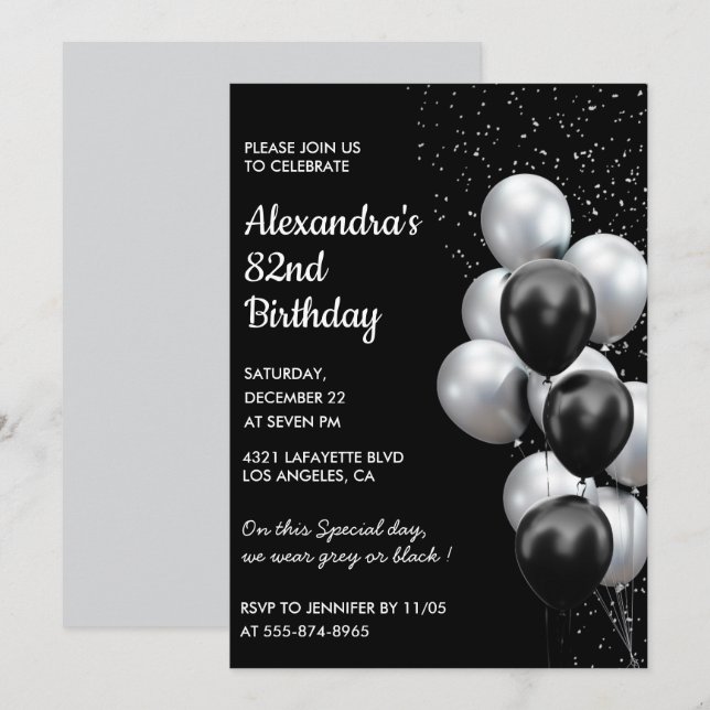 Black 82nd birthday invitations Balloons Silver (Front/Back)