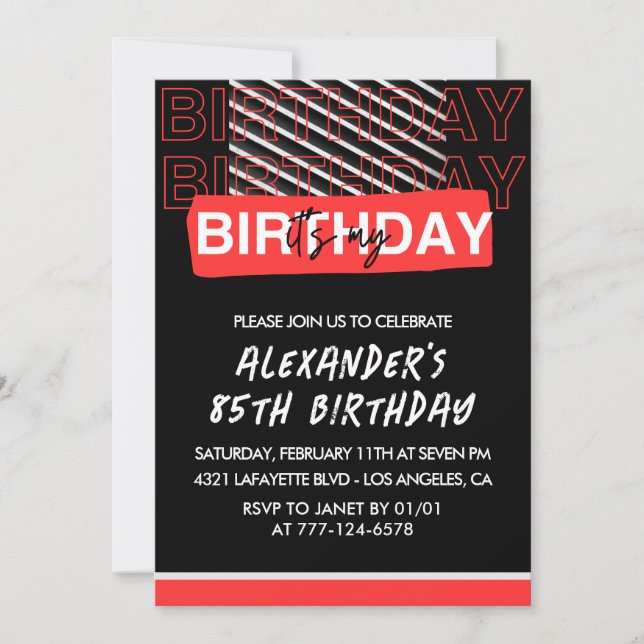 Black 85th birthday invitations Men Party Red (Front)