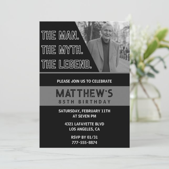 Black 85th birthday invitations The Man The Legend (Standing Front)