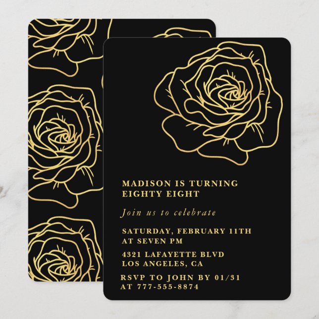 Black 88th birthday invitations Gold Floral (Front/Back)