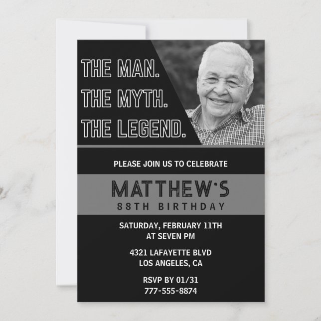 Black 88th birthday invitations The Man The Legend (Front)