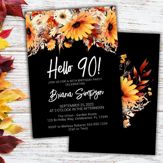 Black 90th Birthday Fall Floral Invitation (Creator Uploaded)