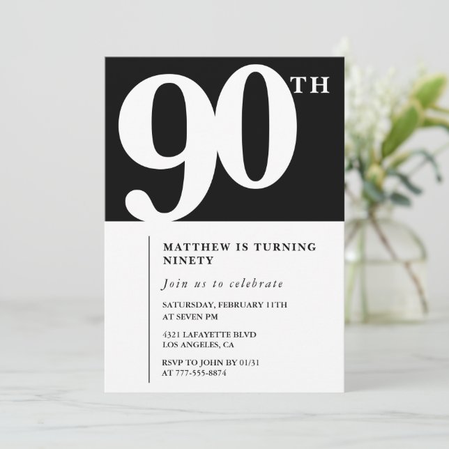 Black 90th birthday invitation Elegant Chic Simple (Standing Front)
