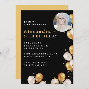 Black 90th birthday invitation Gold Balloon Photo 