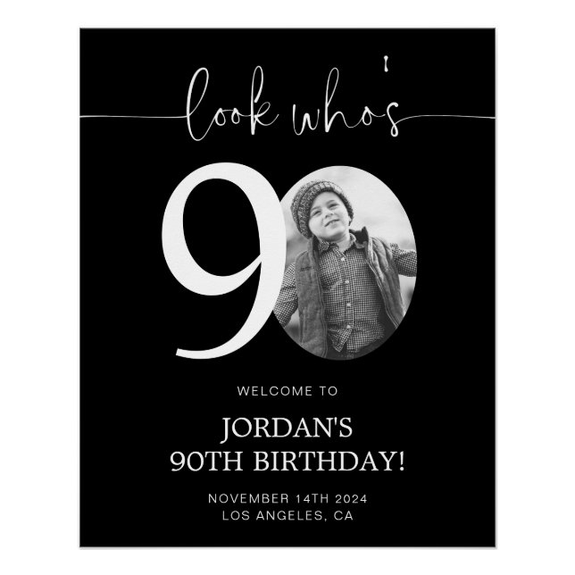 Black 90th Birthday Welcome Sign | Look Who's 90 (Front)