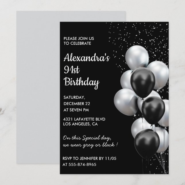 Black 91st birthday invitations Balloons Silver (Front/Back)