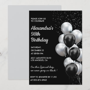 Black 98th birthday invitations Balloons Silver