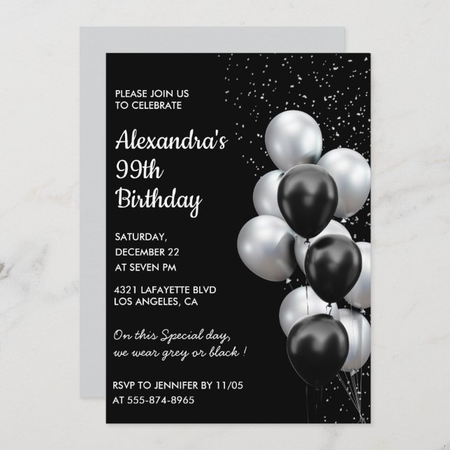 Black 99th birthday invitations Balloons Silver (Front/Back)