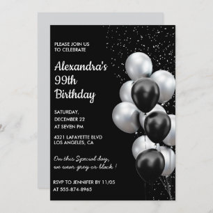 Black 99th birthday invitations Balloons Silver