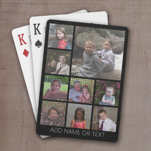 Black 9 Photo Square Collage simple white text Playing Cards