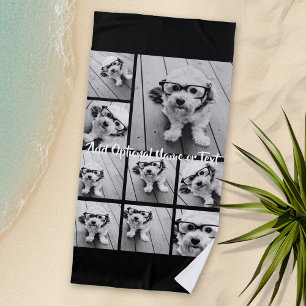 Black 9 Photo Square Collage - with script white Beach Towel