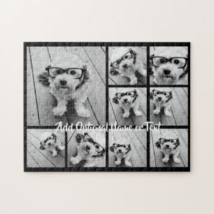 Black 9 Photo Square Collage - with script white Jigsaw Puzzle