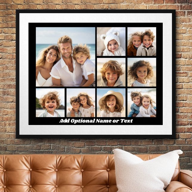 Black 9 Photo Square Collage - with script white Poster (Custom Photo Collage Poster)