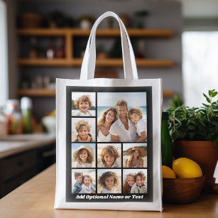 Black 9 Photo Square Collage - with script white Reusable Grocery Bag