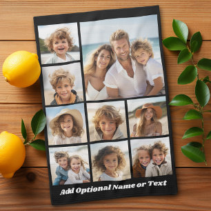 Black 9 Photo Square Collage - with script white Tea Towel