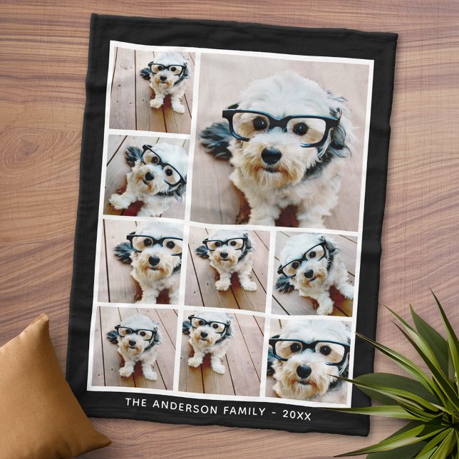 Black 9 Square Photo Collage with White Text Fleece Blanket (Personalized Fleece Blanket - Add Photos and Text or Customize completely in advanced design area)