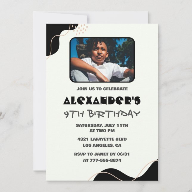 Black 9th birthday invitations Boy Simple Photo (Front)