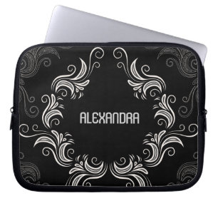 Black A& White Baroque Swirls-Monogram Laptop Sleeve